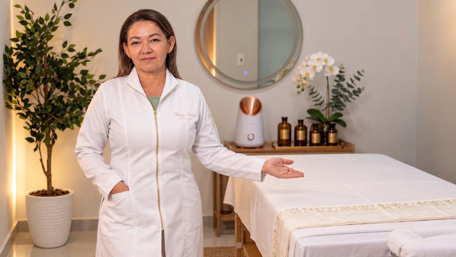 Marya Sousa recebendo no espaço de estética e massoterapia